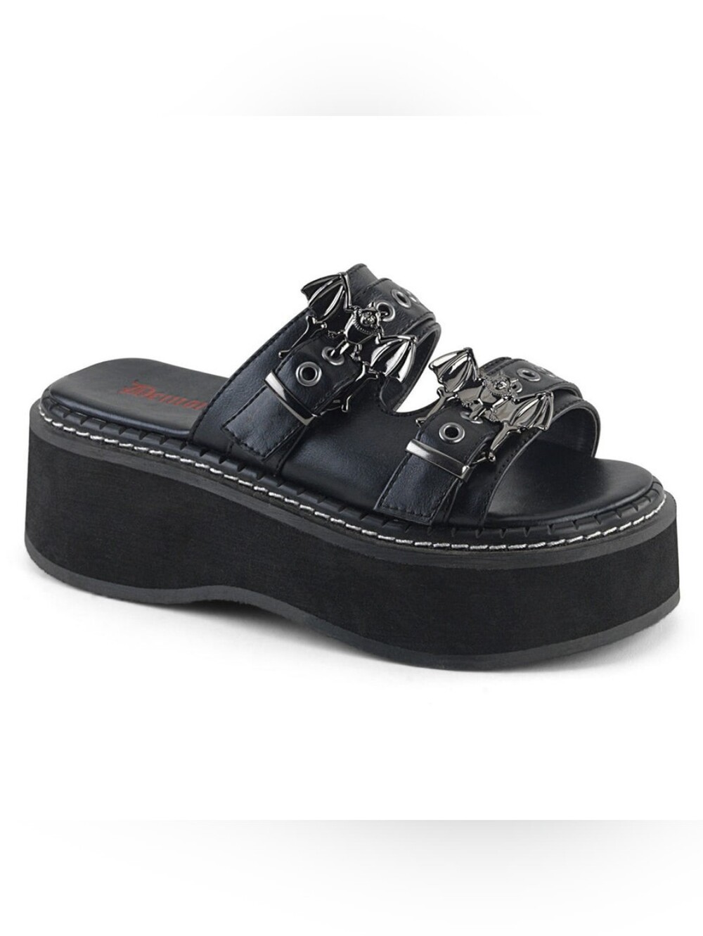 Demonia Black Platform Slide Mules with Silver Bat Hardware